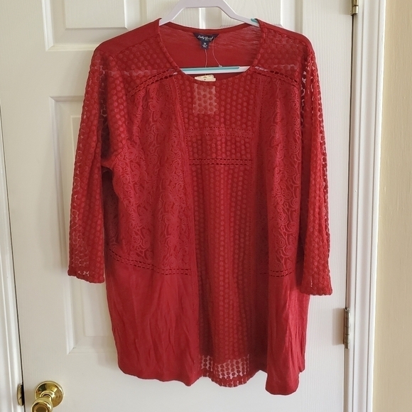NWT Lucky Brand Sheer front panel deep red blouse with 3/4 sleeves size 3x - Picture 1 of 7